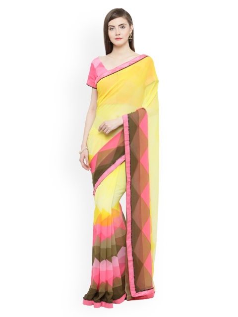 

Shaily Yellow & Pink Pure Georgette Solid Saree