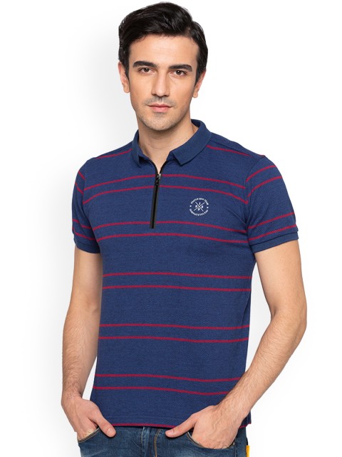 

Status Quo Men Blue Striped Polo Collar Pure Cotton T-shirt