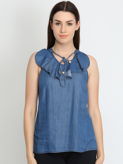 

LA LOFT Women Blue Solid A-Line Top