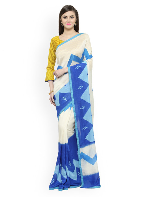 

Shaily Off-White & Blue Silk Cotton Printed Saree
