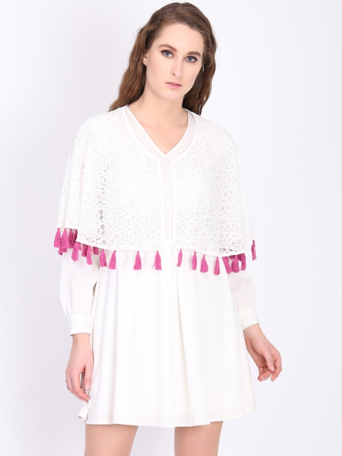 

LA LOFT Women White Layered Cape-Styles A-Line Dress