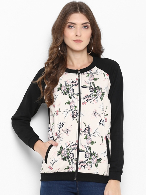 

PURYS Women Cream-Coloured Printed Bomber