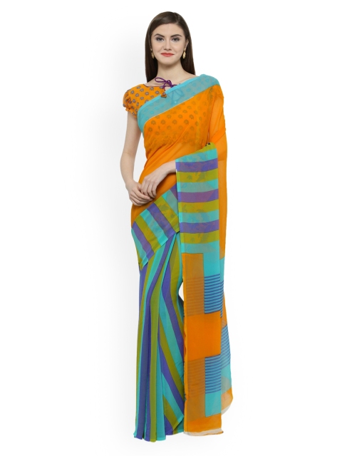 

Shaily Orange & Teal Pure Georgette Striped Saree