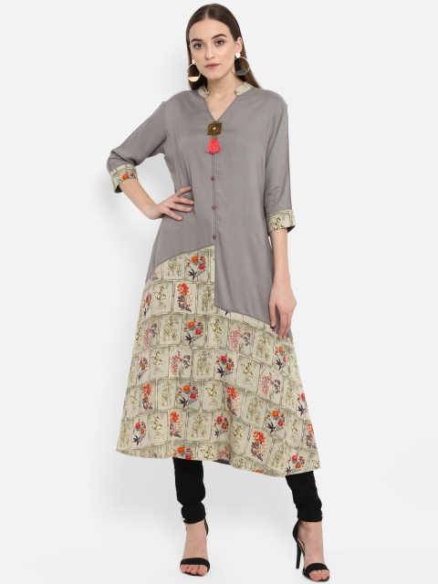 

Women Grey Floral Print A-Line Kurta