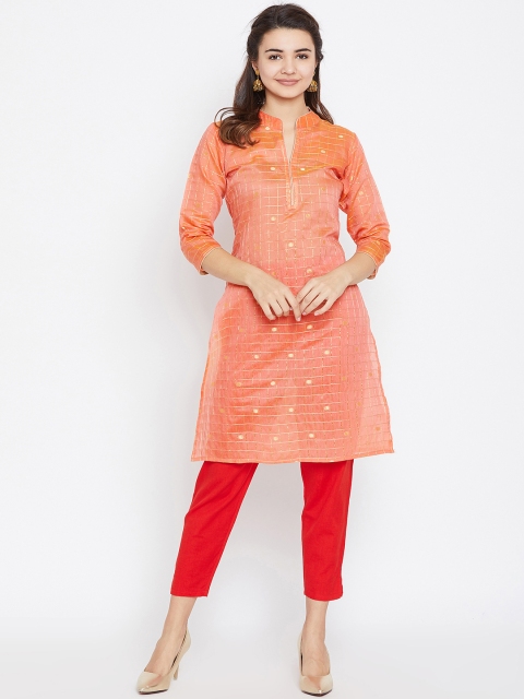 

AgrohA Women Orange Checked Straight Kurta