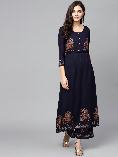 

Ishin Women Navy Blue Embroidered Kurta with Palazzos