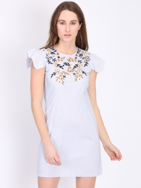 

LA LOFT Women Blue Striped Sheath Dress with Embroidery