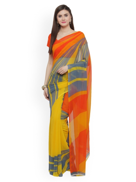 

Shaily Yellow & Grey Pure Georgette Printed Saree