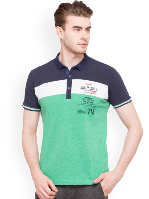

Status Quo Men Green Colourblocked Polo Collar Slim Fit Pure Cotton T-shirt