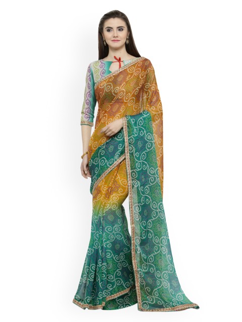 

Shaily Orange & Green Pure Chiffon Printed Saree