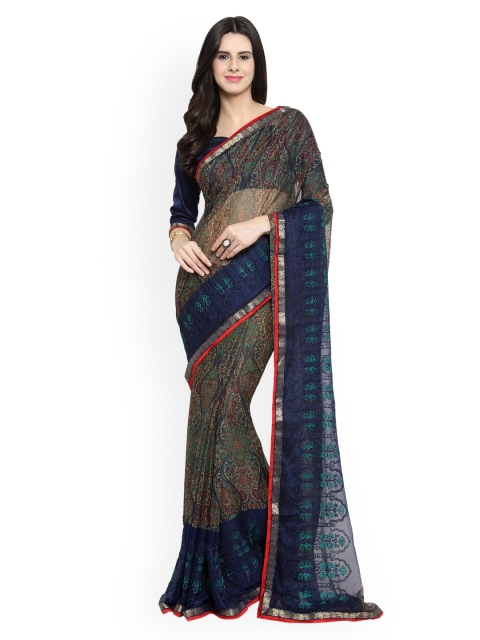 

Shaily Blue & Beige Pure Chiffon Printed Saree