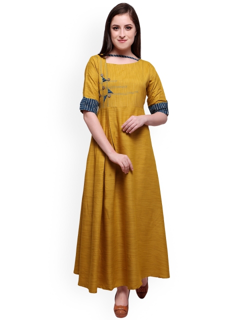 

Kvsfab Women Mustard Printed A-Line Kurta