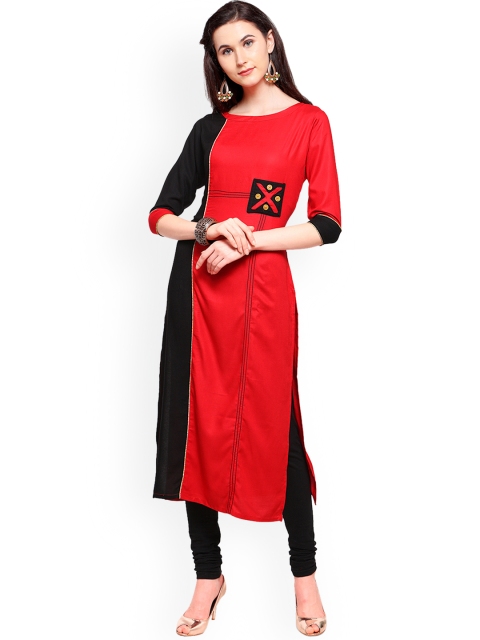 

Kvsfab Women Red & Black Colourblocked Straight Kurta