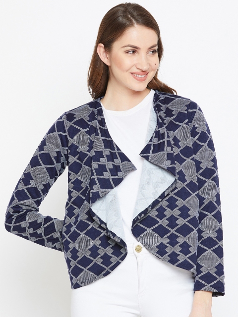 

Zastraa Blue Printed Open Front Shrug