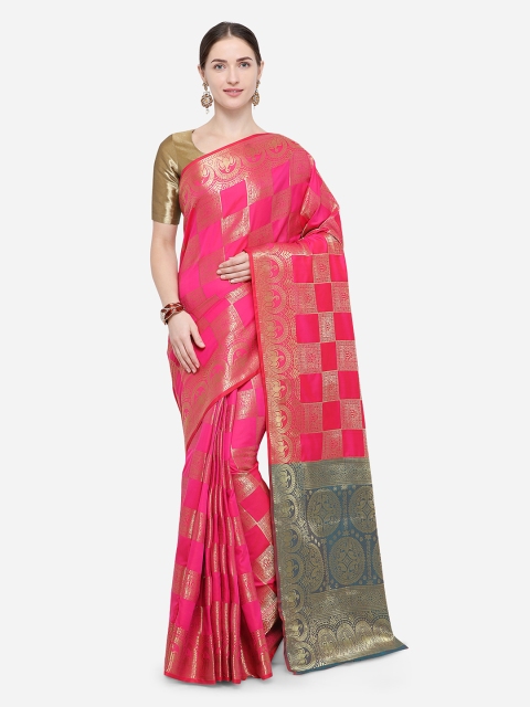 

Satrani Pink & Gold-Coloured Poly Silk Woven Design Kanjeevaram Saree