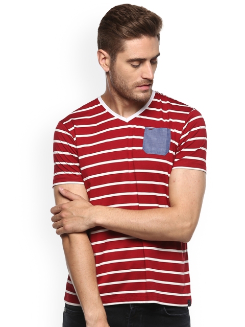 SPYKAR Men Red Striped V-Neck T-shirt