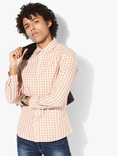 

Beige Checked Slim Fit Casual Shirt