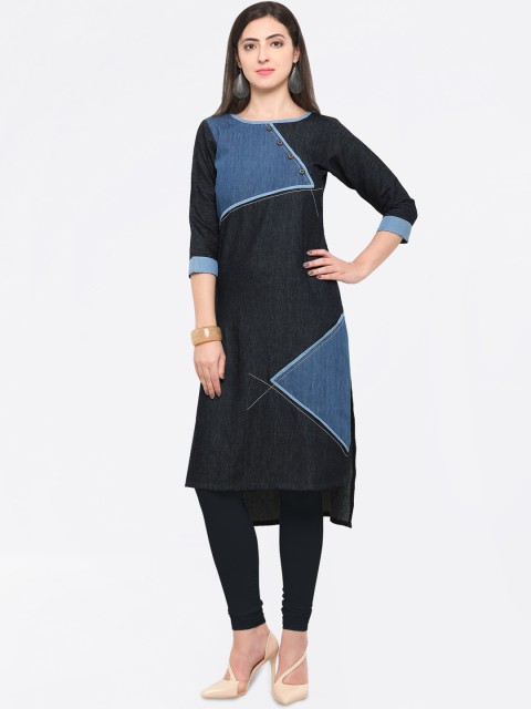 

Florence Women Black & Blue Colourblocked Straight Kurta