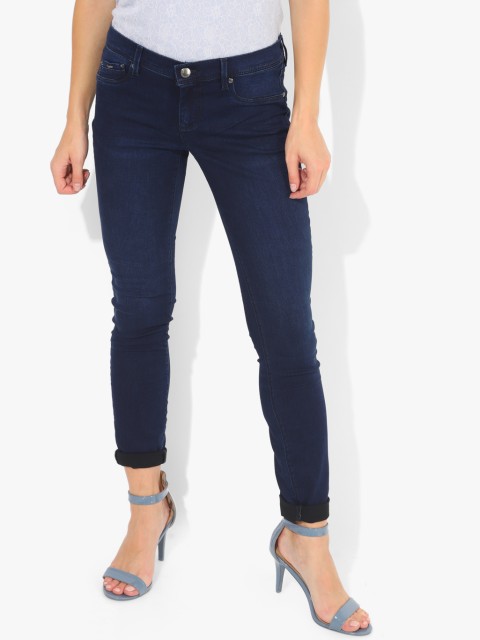 

Navy Blue Solid Mid-Rise Skinny Fit Jeans