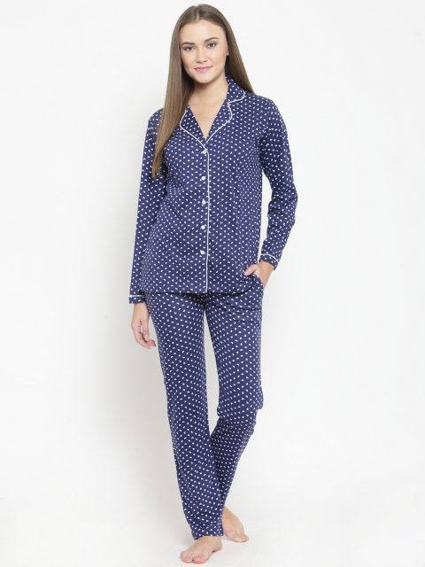 

Claura Women Navy Blue & White Printed Night suit Cot-114-navyblu-nightsuit