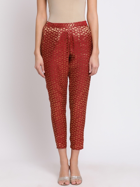 

Meee Women Maroon Regular Fit Self Design Peg Trousers