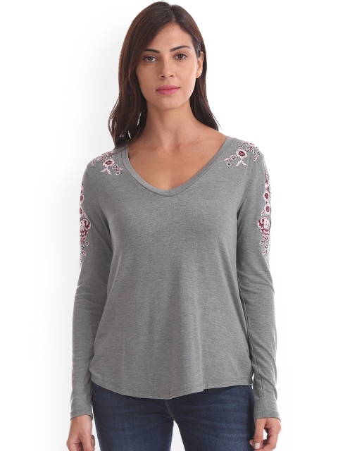 

Aeropostale Women Grey Self Design V-Neck T-shirt