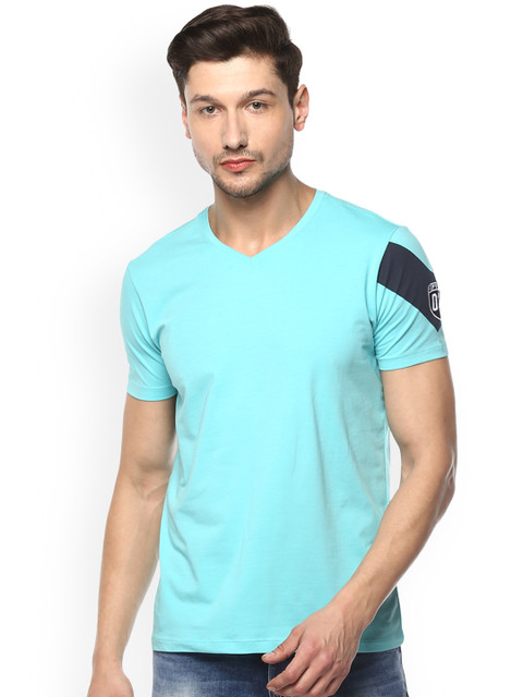 

SPYKAR Men Turquoise Blue Printed V-Neck T-shirt