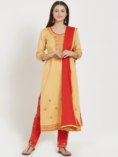 Kvsfab Orange & Beige Cotton Blend Unstitched Dress Material
