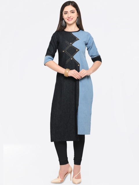 

Florence Women Black & Blue Colourblocked Straight Kurta