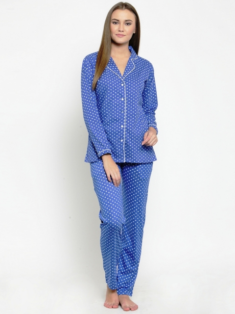 

Claura Women Blue & White Printed Night suit Cot-114-blu