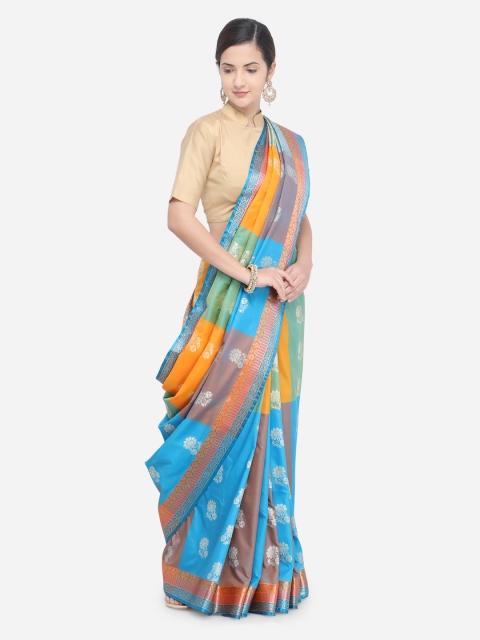 

Varkala Silk Sarees Turquoise Blue & Orange Silk Blend Woven Design Banarasi Saree