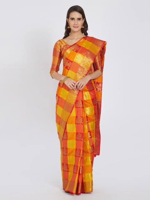

Viva N Diva Orange & Yellow Poly Silk Checked Kanjeevaram Saree