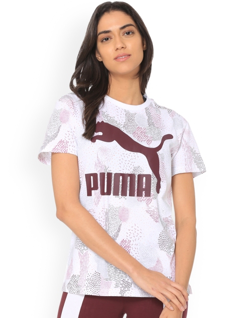 

Puma Women White Printed Round Neck Classics Logo Tee AOP T-shirt