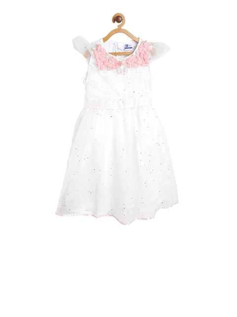

612 league Girls White Printed Fit and Flare Dress