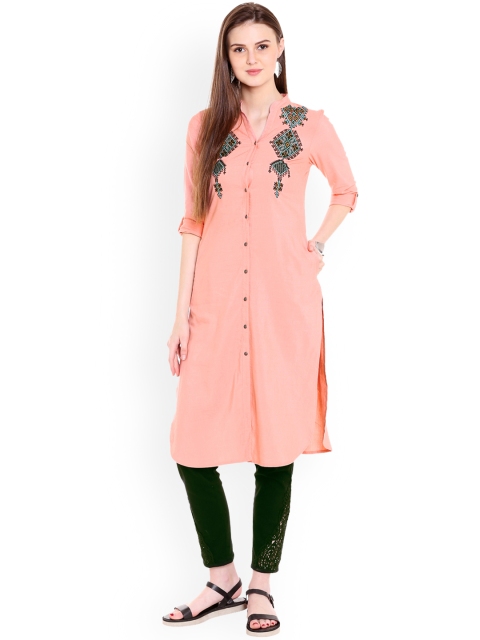 

Naari Women Peach-Coloured Embroidered Straight Kurta
