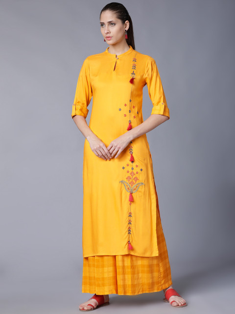 

Vishudh Women Mustard Yellow Embroidered Kurta with Palazzos