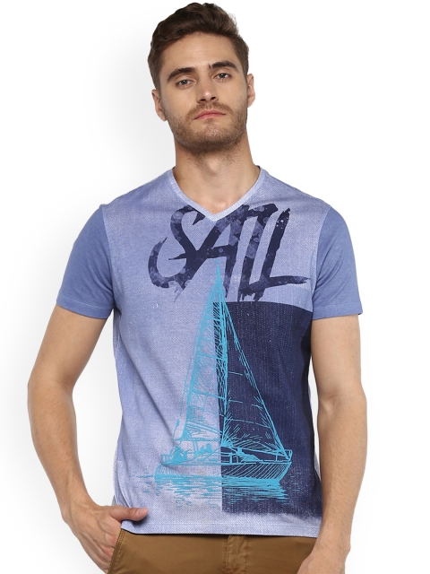 

SPYKAR Men Blue Printed V-Neck T-shirt