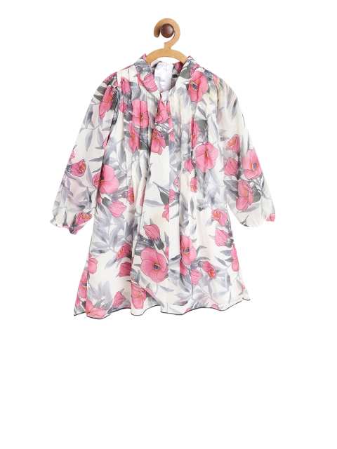 

612 league Girls White & Pink Printed A-Line Dress