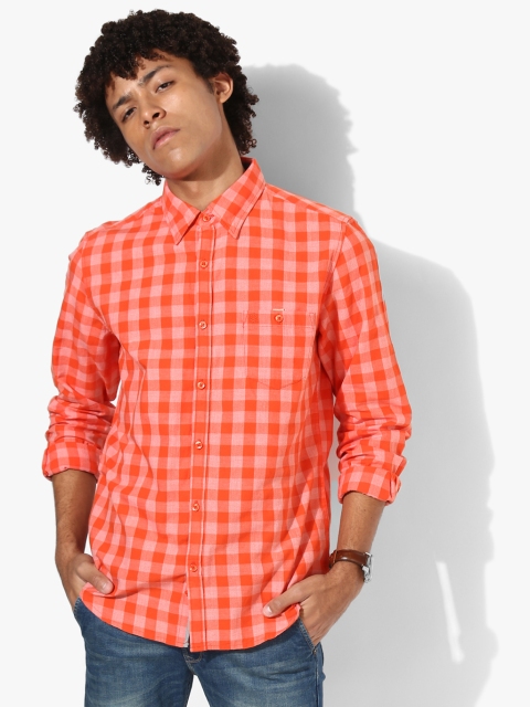 

Orange Checked Slim Fit Casual Shirt