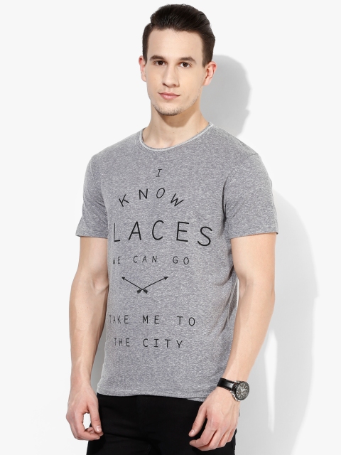 

Grey Melange Printed Slim Fit Round Neck T-Shirt