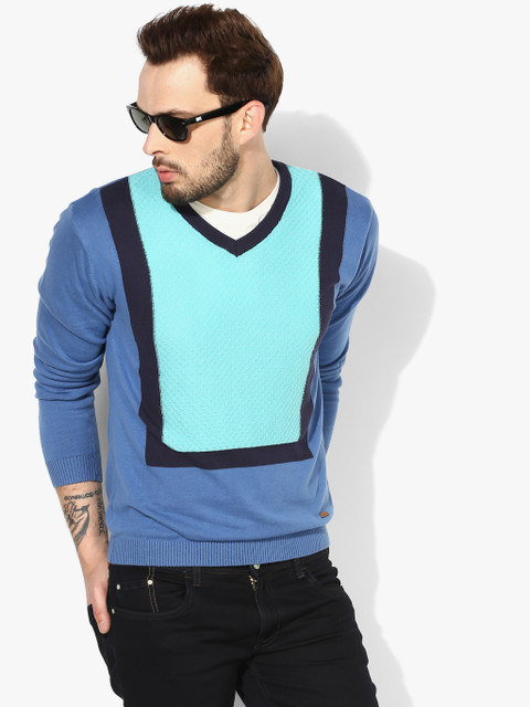 

Blue Colourblocked Pullover Sweater