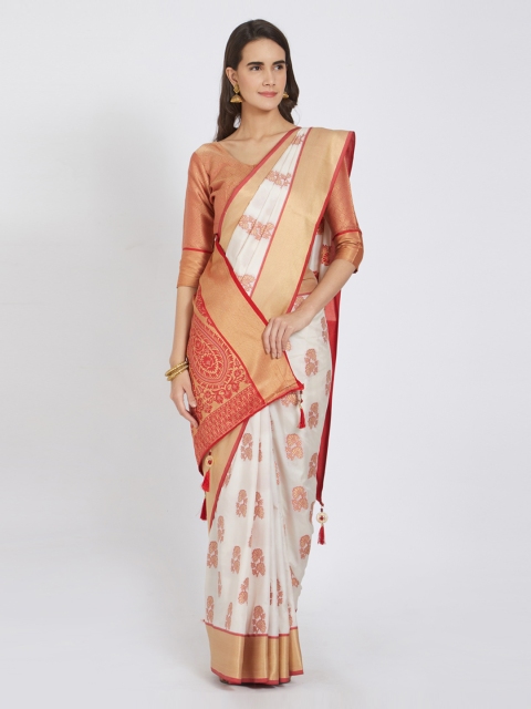 

Viva N Diva Off-White & Peach-Coloured Poly Silk Woven Design Kanjeevaram Saree