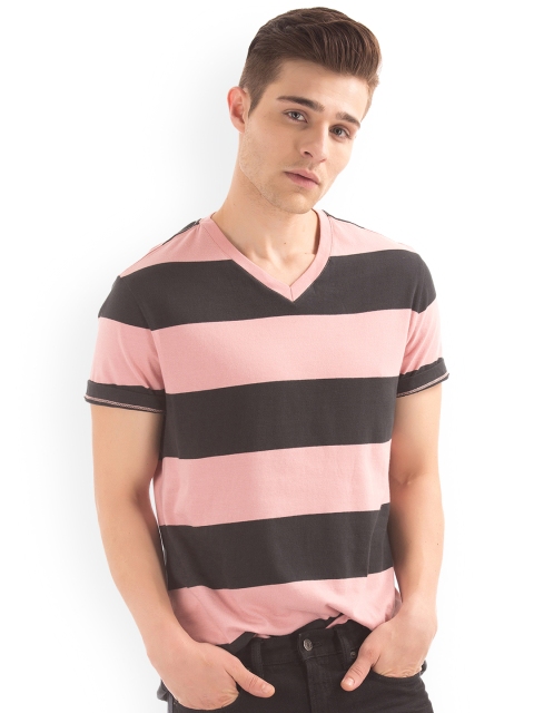 

GAP Men Pink and Black V-Neck Striped T-Shirt
