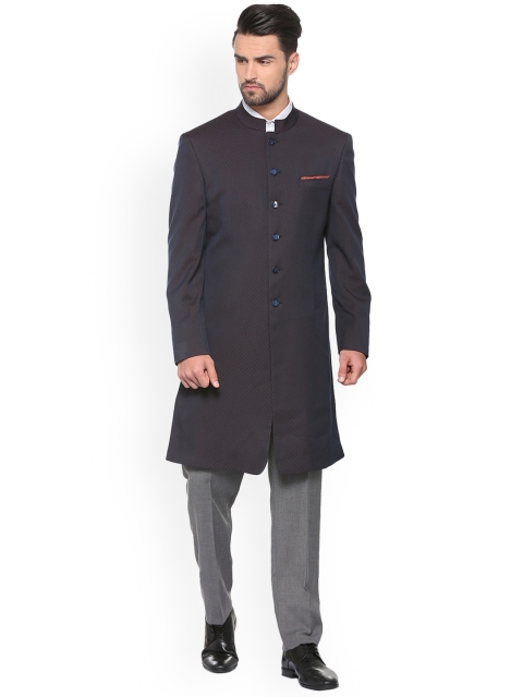 

Van Heusen Men Navy Blue Self-Design Bandhgala Slim Fit Blazer