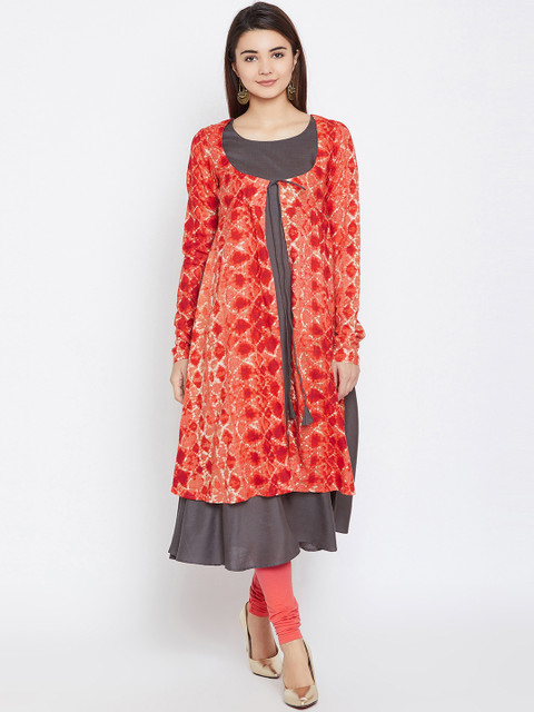 

PANIT Women Coral & Charcoal Printed A-Line Kurta