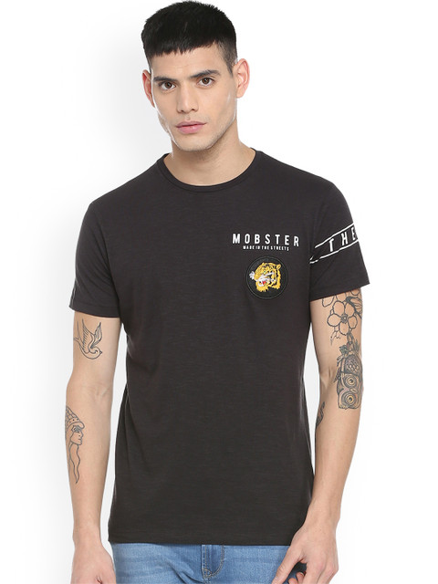 

People Men Black Printed Round Neck Pure Cotton T-shirt