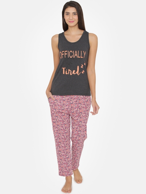 

Clovia Women Grey & Pink Printed Lounge Set LS0344P05XXL
