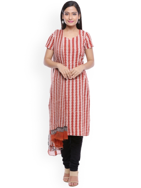 

SOUNDARYA Beige & Red Pure Cotton Unstitched Dress Material