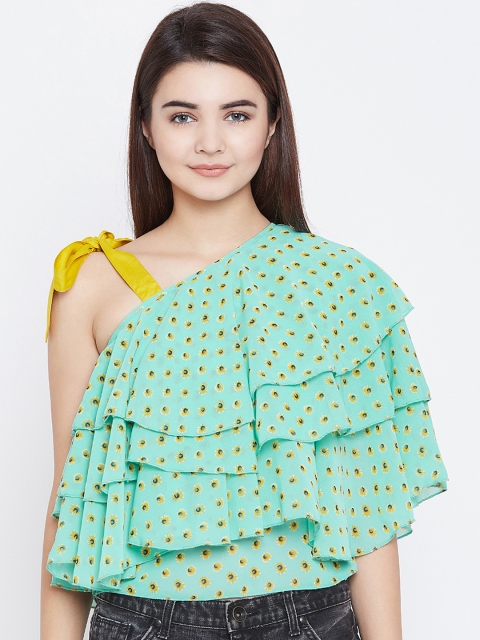 

PANIT Women Green Printed One Shoulder Tiered Top