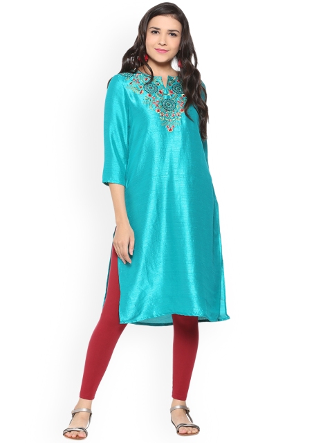 

People Women Turquoise Blue Yoke Design Straight Kurta